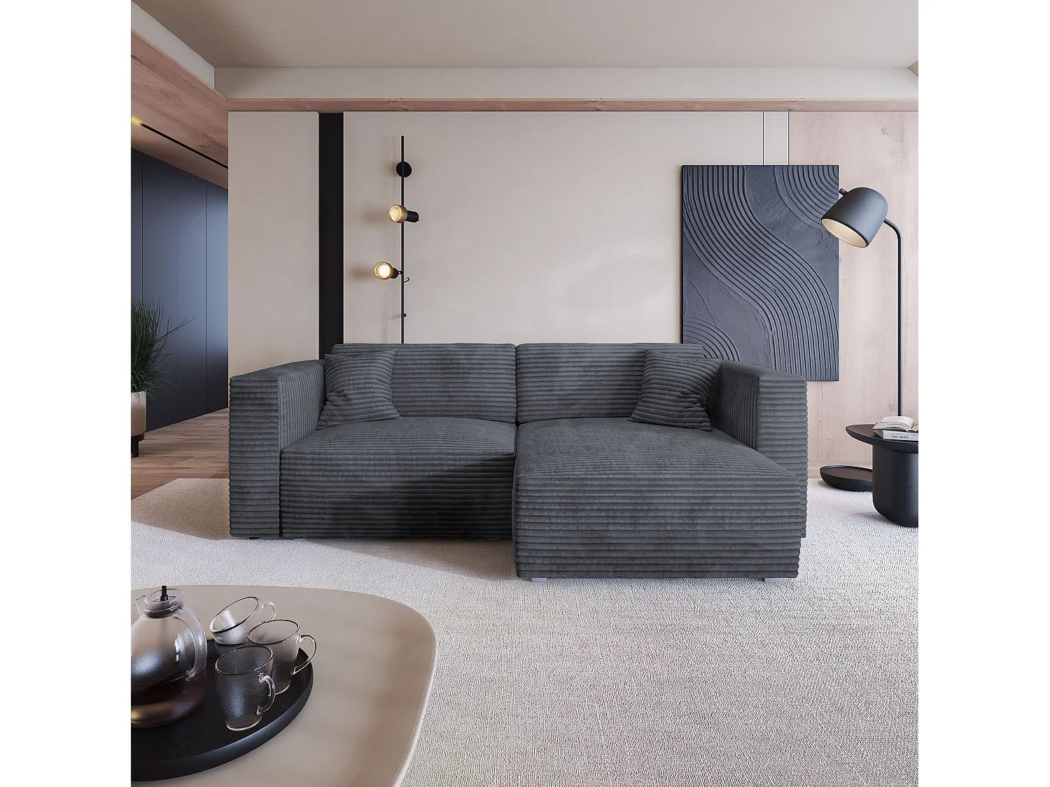 Canapé d'angle NERIO Gris en velours côtelé avec fonction de couchage