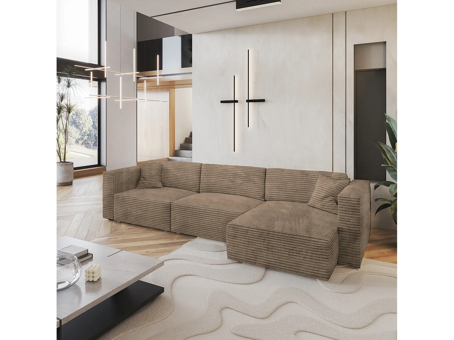 Canapé d'angle TOLMO Beige en velours côtelé avec fonction de couchage