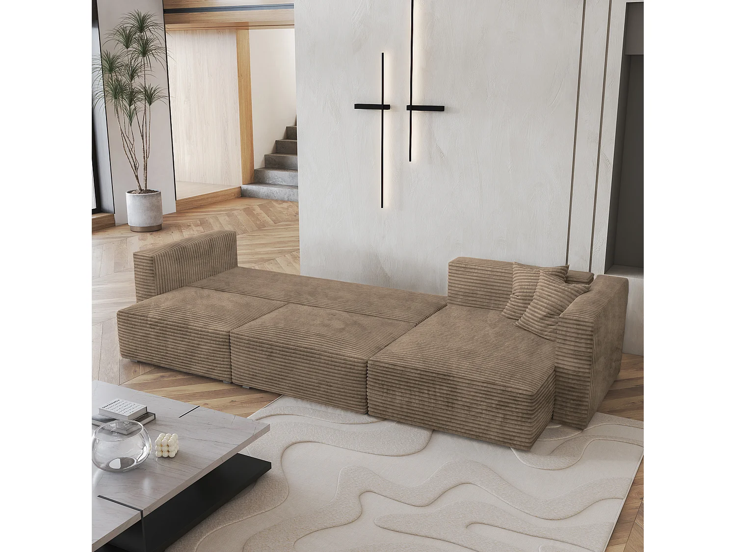 Canapé d'angle TOLMO Beige en velours côtelé avec fonction de couchage