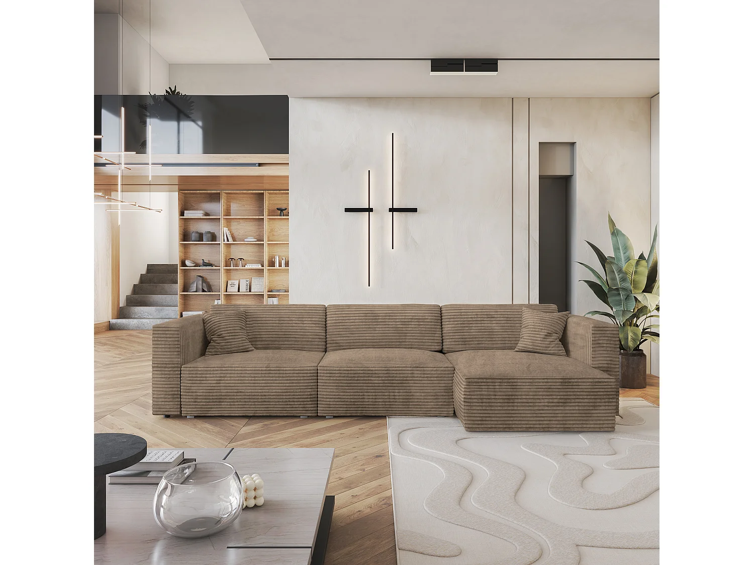 Canapé d'angle TOLMO Beige en velours côtelé avec fonction de couchage