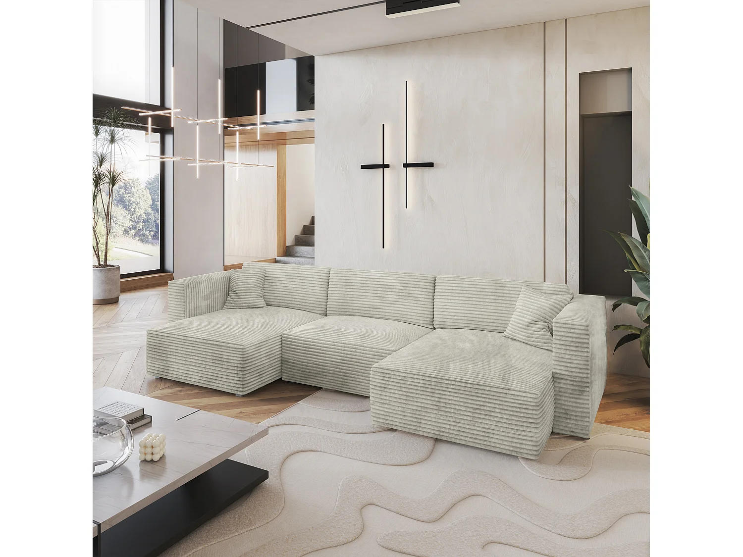 Canapé d'angle SARMO Gris clair en velours côtelé avec fonction de couchage