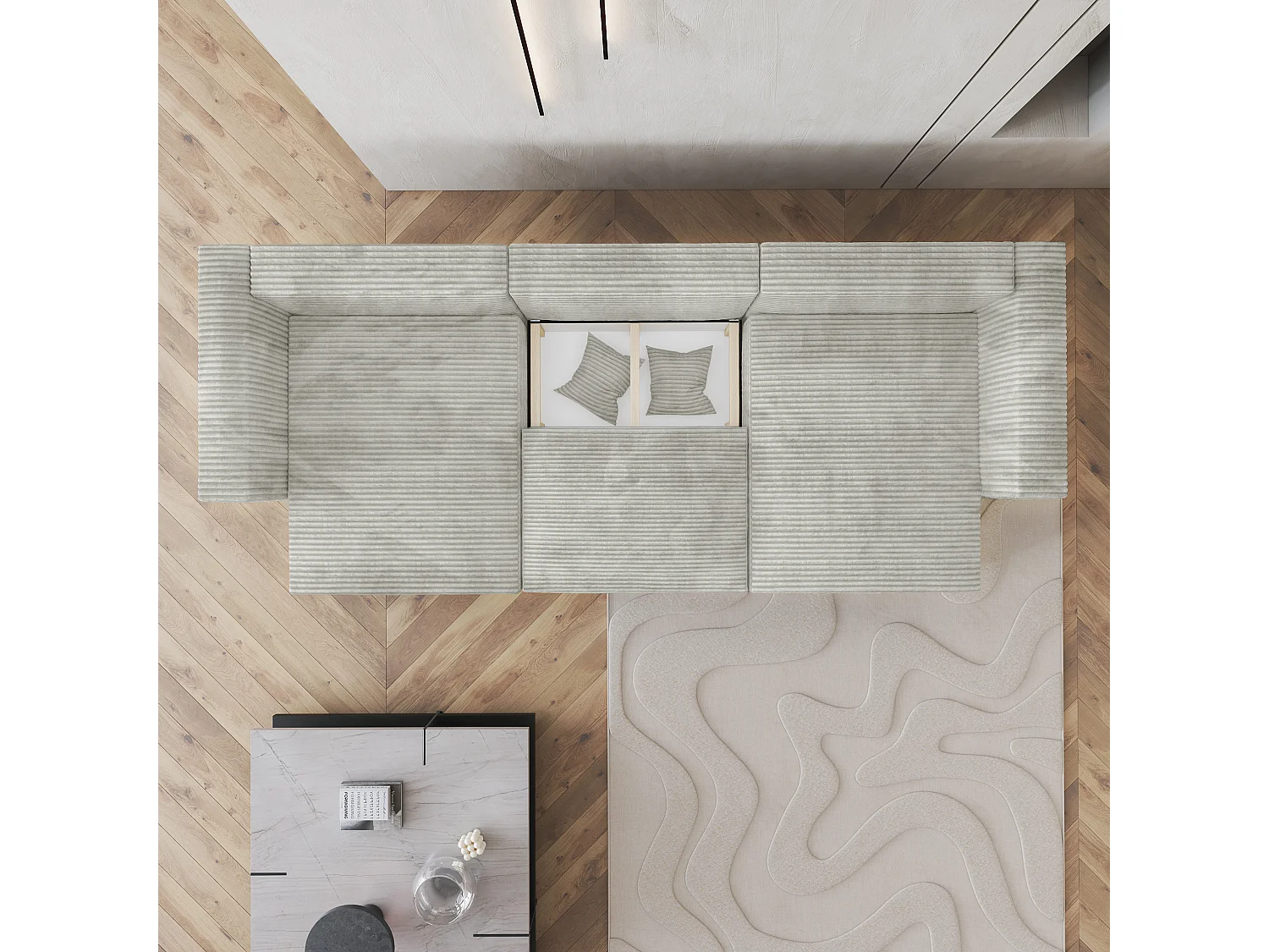 Canapé d'angle SARMO Gris clair en velours côtelé avec fonction de couchage