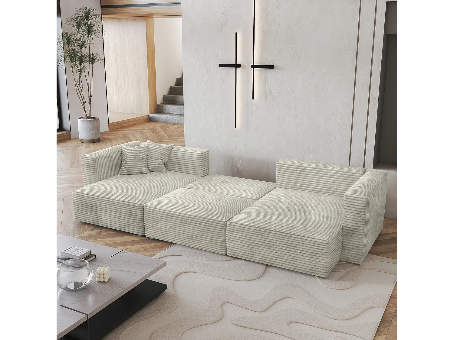 Canapé d'angle SARMO Gris clair en velours côtelé avec fonction de couchage