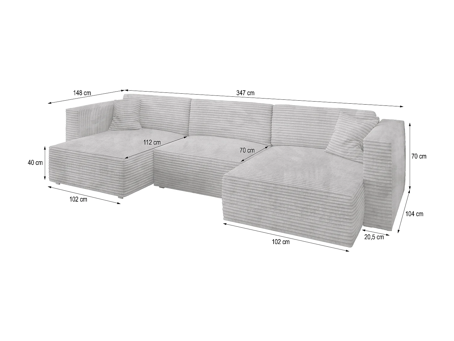 Canapé d'angle SARMO Gris clair en velours côtelé avec fonction de couchage