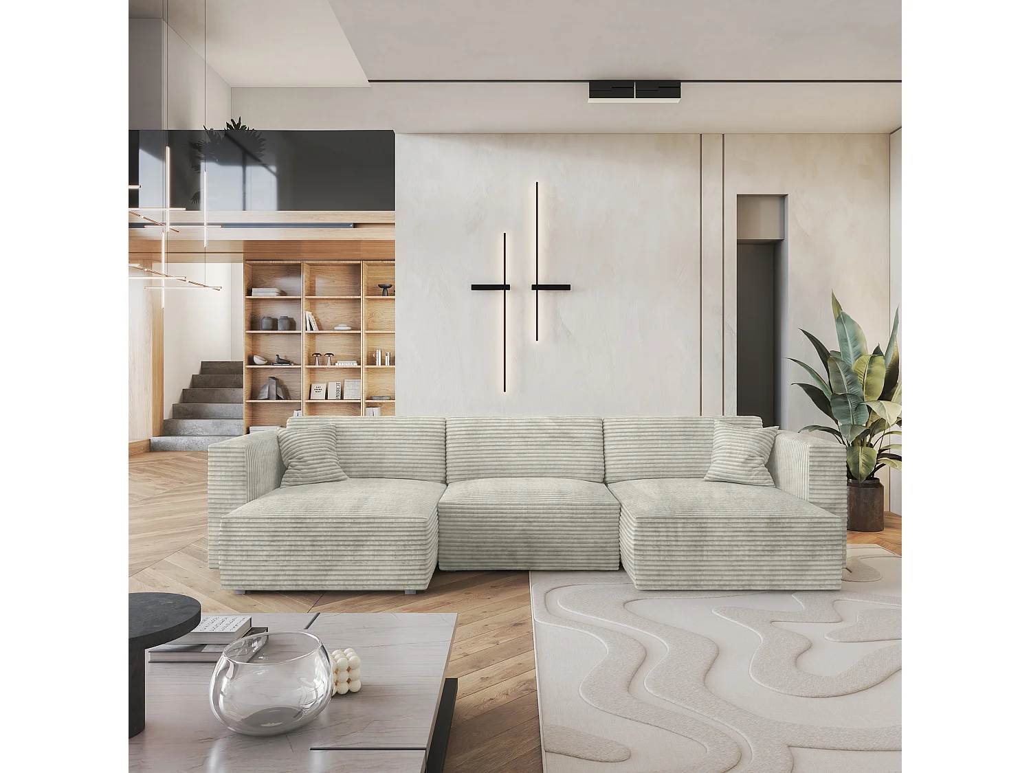Canapé d'angle SARMO Gris clair en velours côtelé avec fonction de couchage