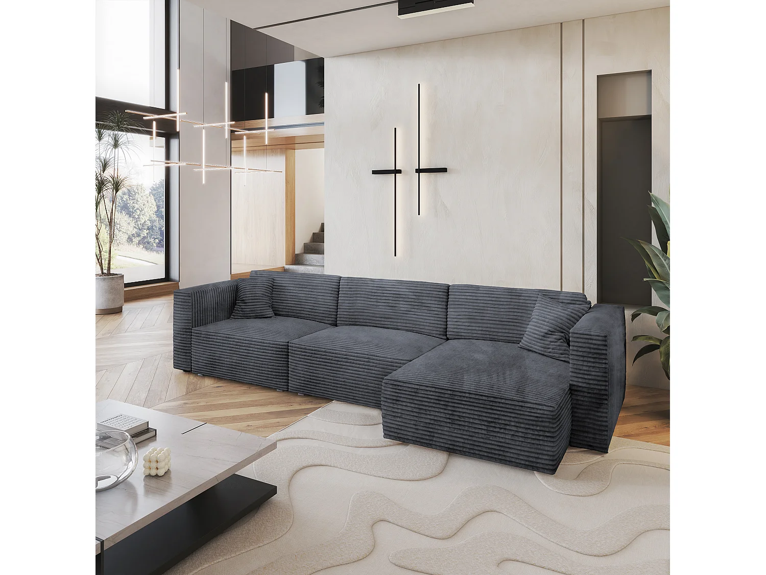 Canapé d'angle TOLMO Gris en velours côtelé avec fonction de couchage