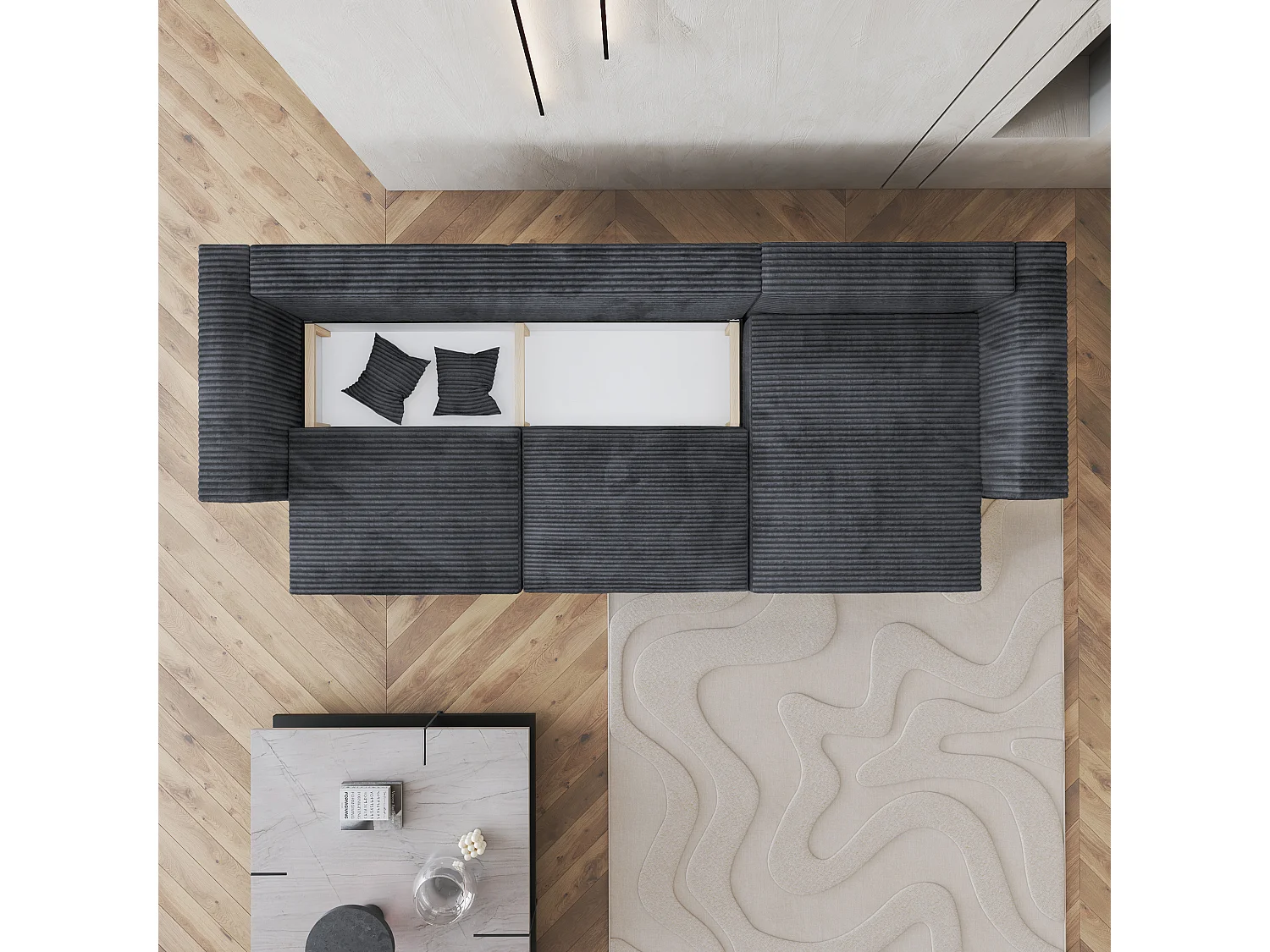 Canapé d'angle TOLMO Gris en velours côtelé avec fonction de couchage