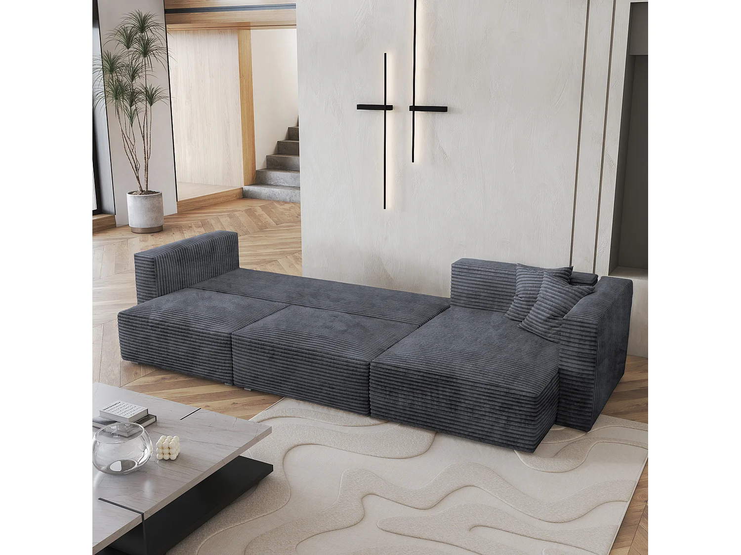 Canapé d'angle TOLMO Gris en velours côtelé avec fonction de couchage