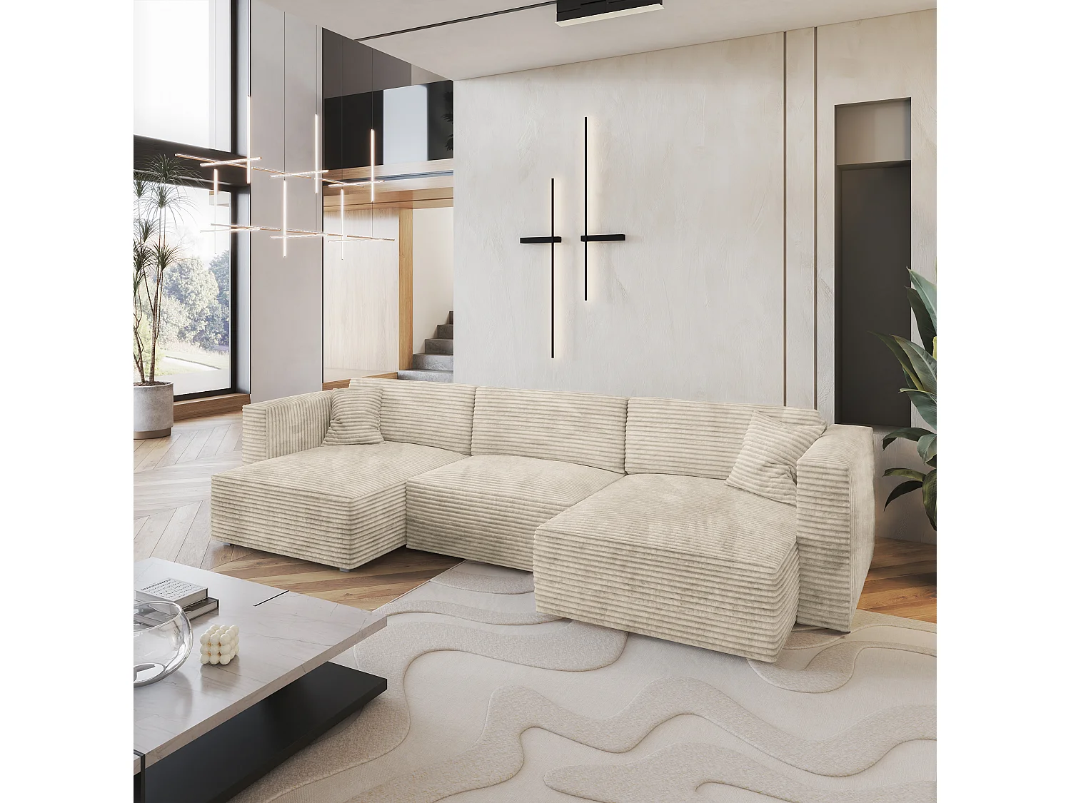 Canapé d'angle SARMO Crème en velours côtelé avec fonction de couchage