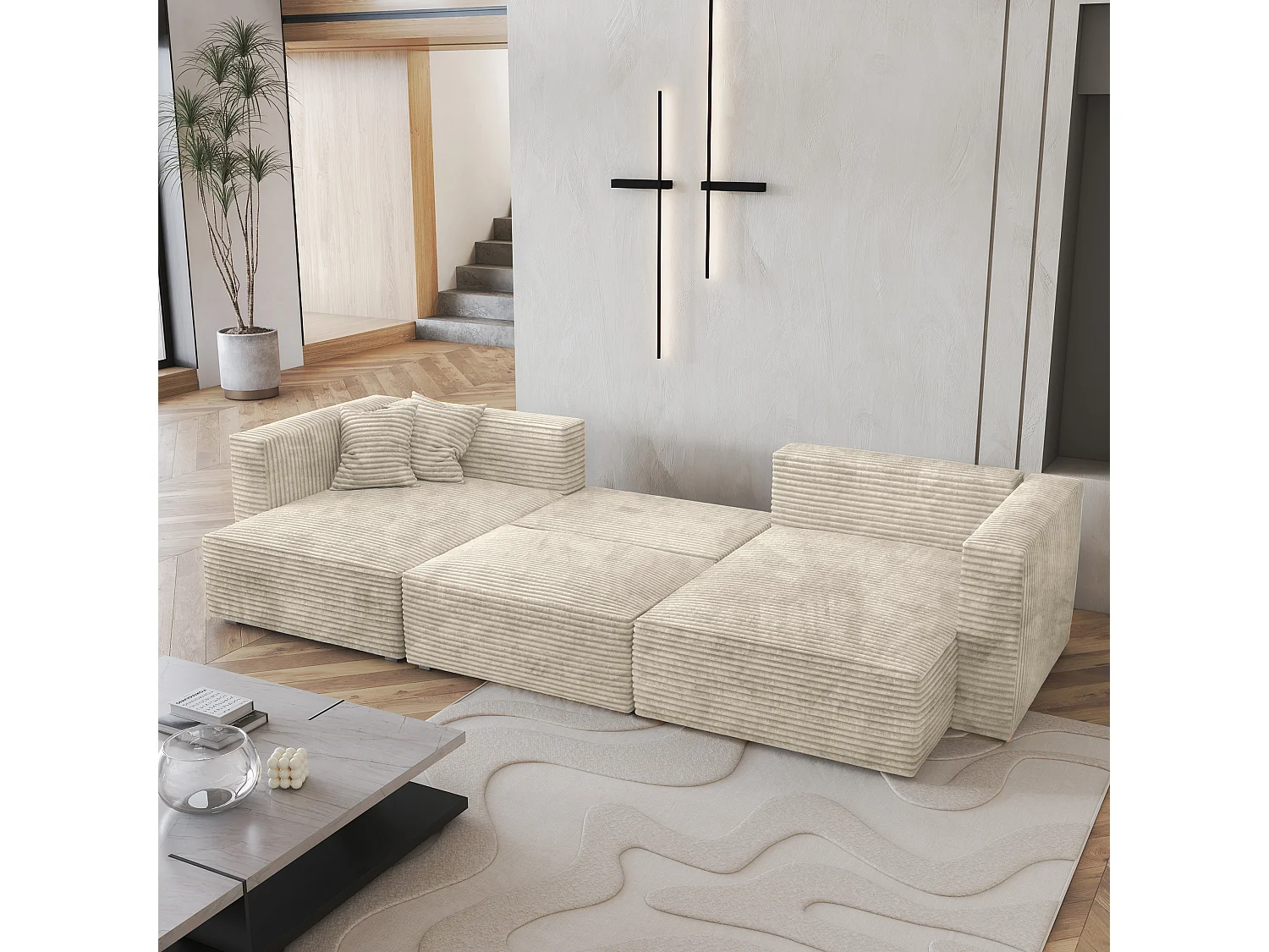Canapé d'angle SARMO Crème en velours côtelé avec fonction de couchage