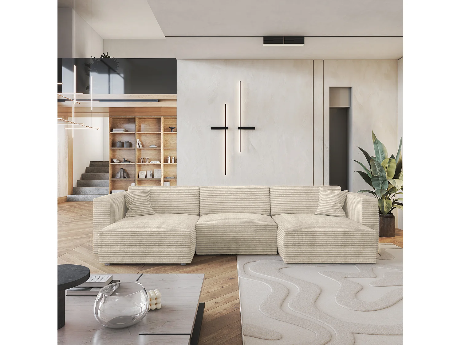 Canapé d'angle SARMO Crème en velours côtelé avec fonction de couchage