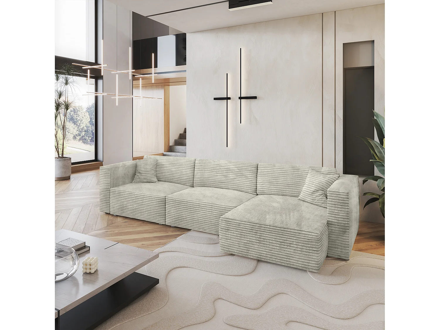 Canapé d'angle TOLMO Gris clair en velours côtelé avec fonction de couchage