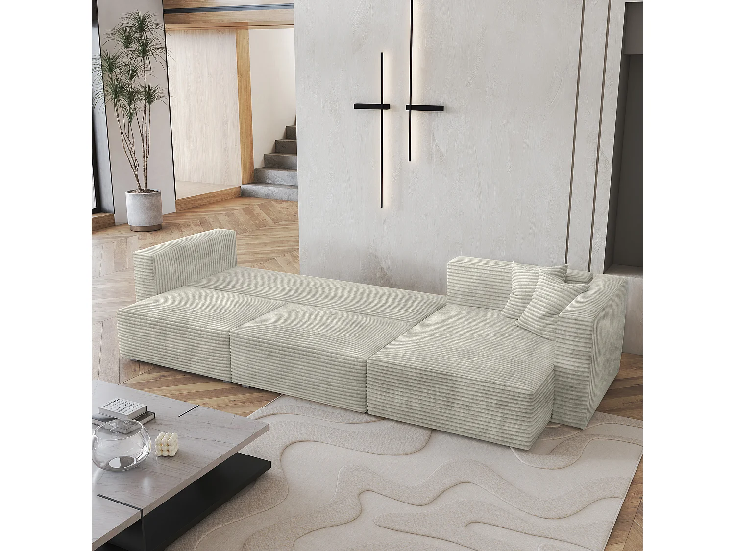 Canapé d'angle TOLMO Gris clair en velours côtelé avec fonction de couchage