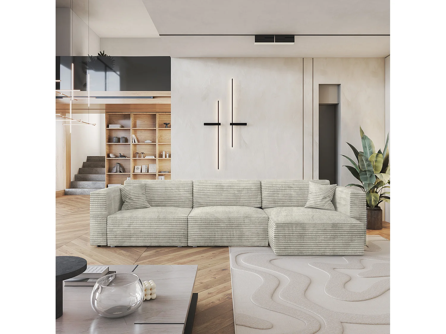 Canapé d'angle TOLMO Gris clair en velours côtelé avec fonction de couchage