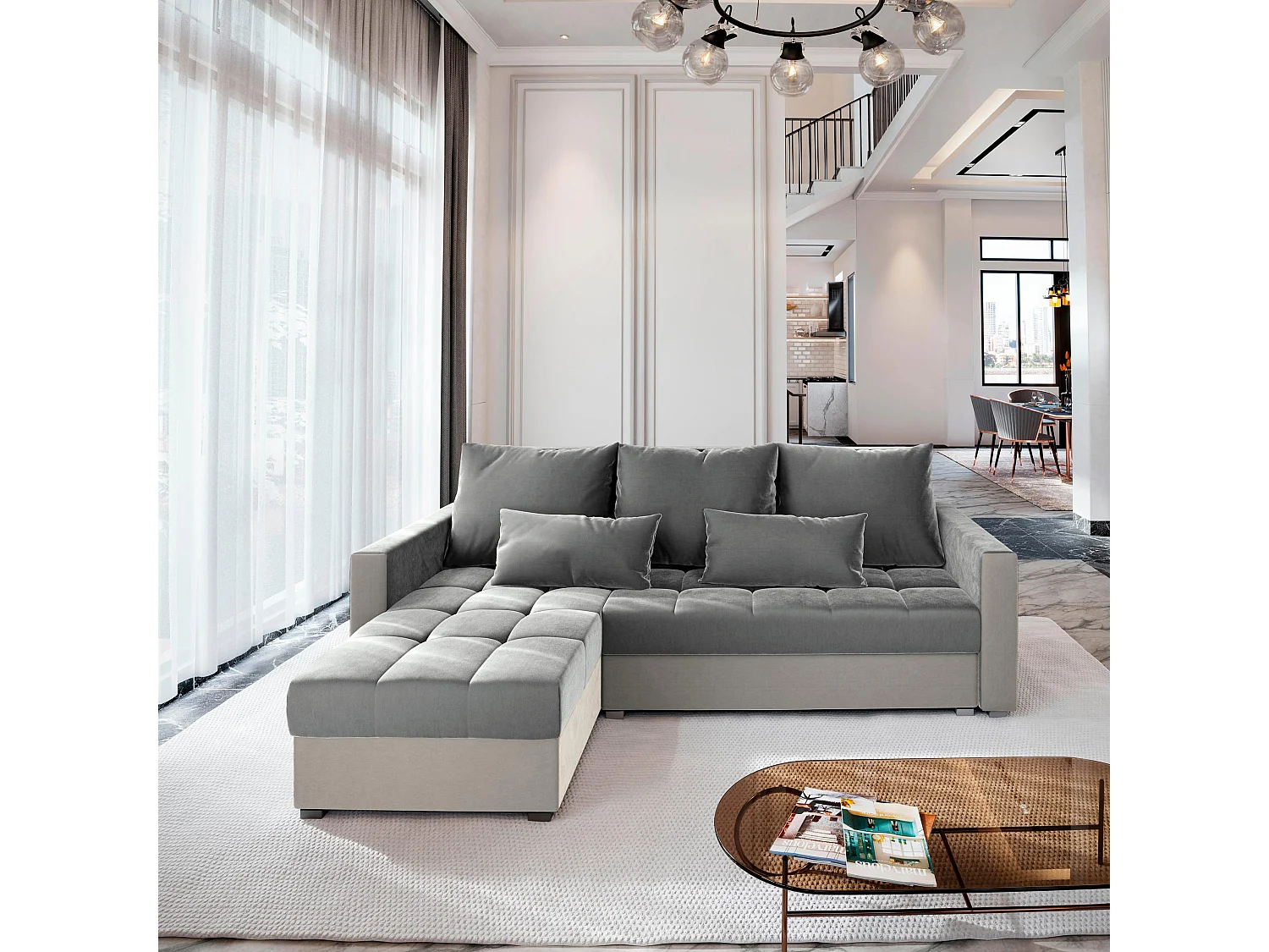 Canapé d'angle KOS PIK Gris clair en peluche avec fonction de couchage