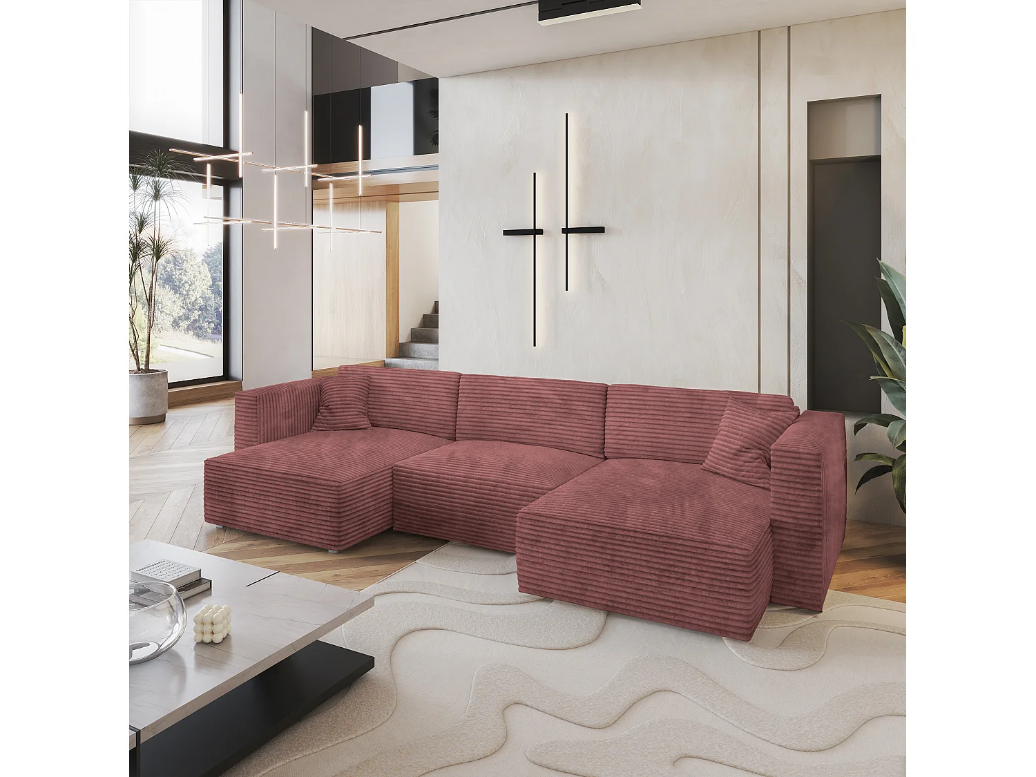 Canapé d'angle SARMO Rose en velours côtelé avec fonction de couchage