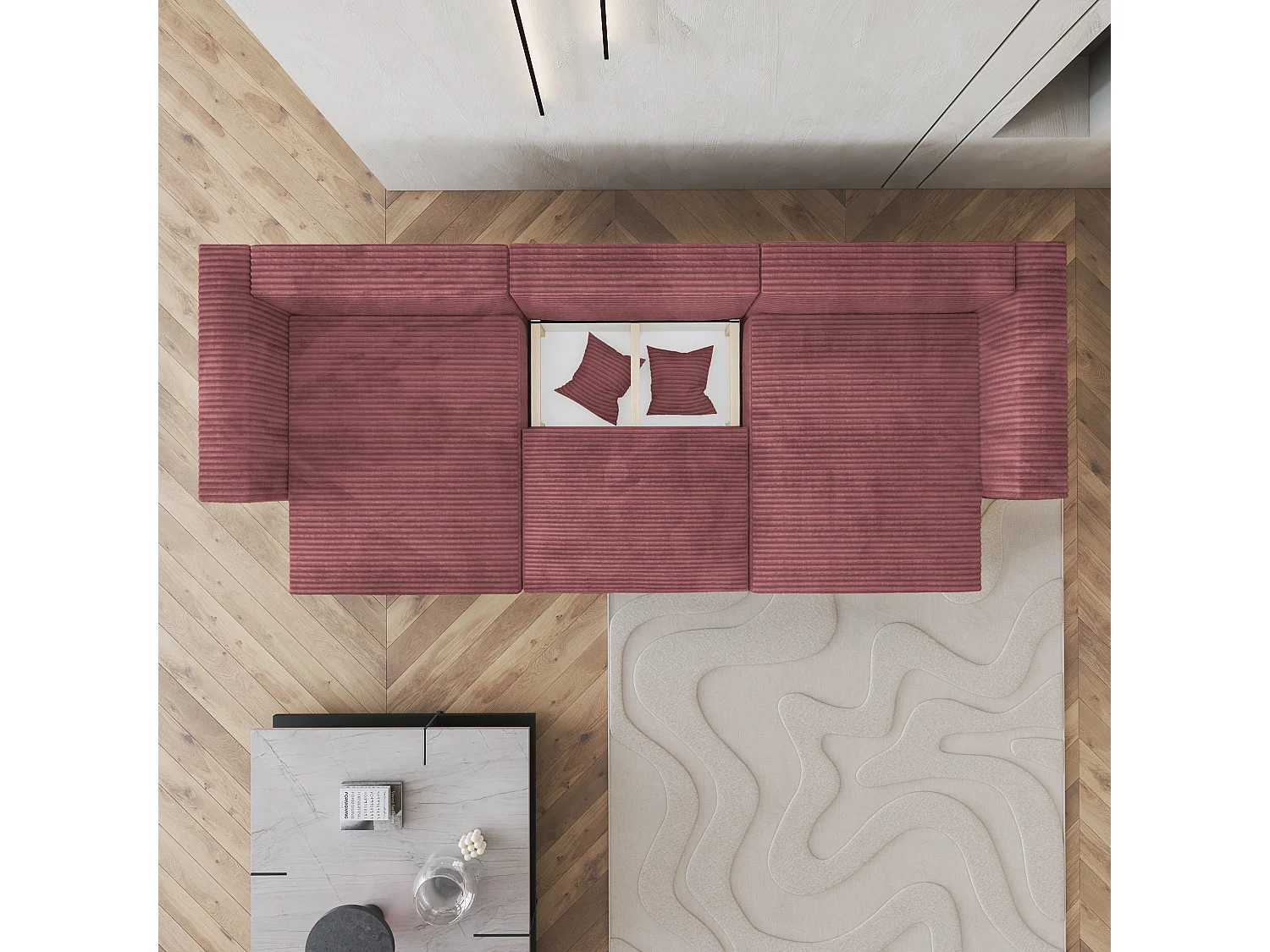 Canapé d'angle SARMO Rose en velours côtelé avec fonction de couchage
