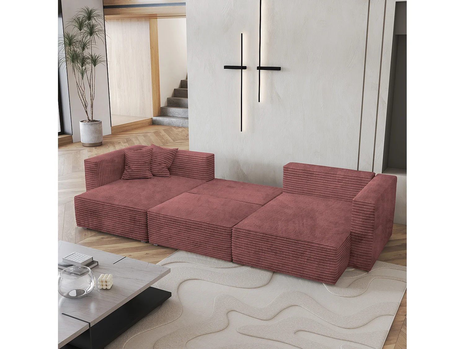 Canapé d'angle SARMO Rose en velours côtelé avec fonction de couchage