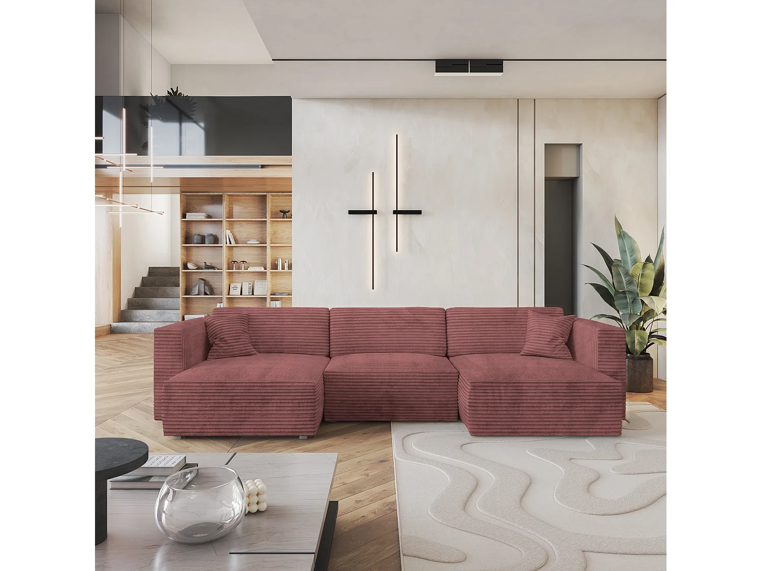 Canapé d'angle SARMO Rose en velours côtelé avec fonction de couchage