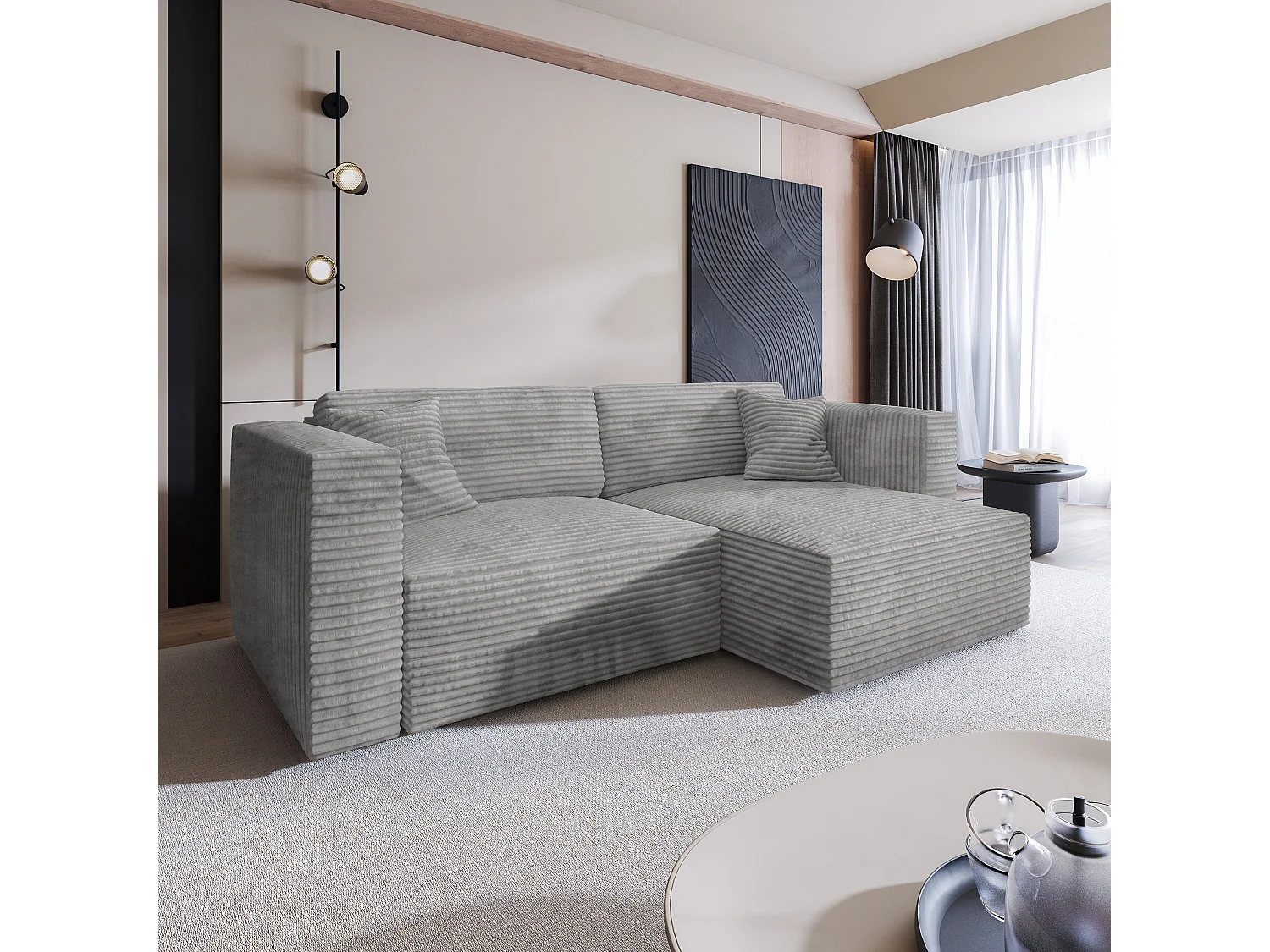 Canapé d'angle NERIO Gris clair en velours côtelé avec fonction de couchage