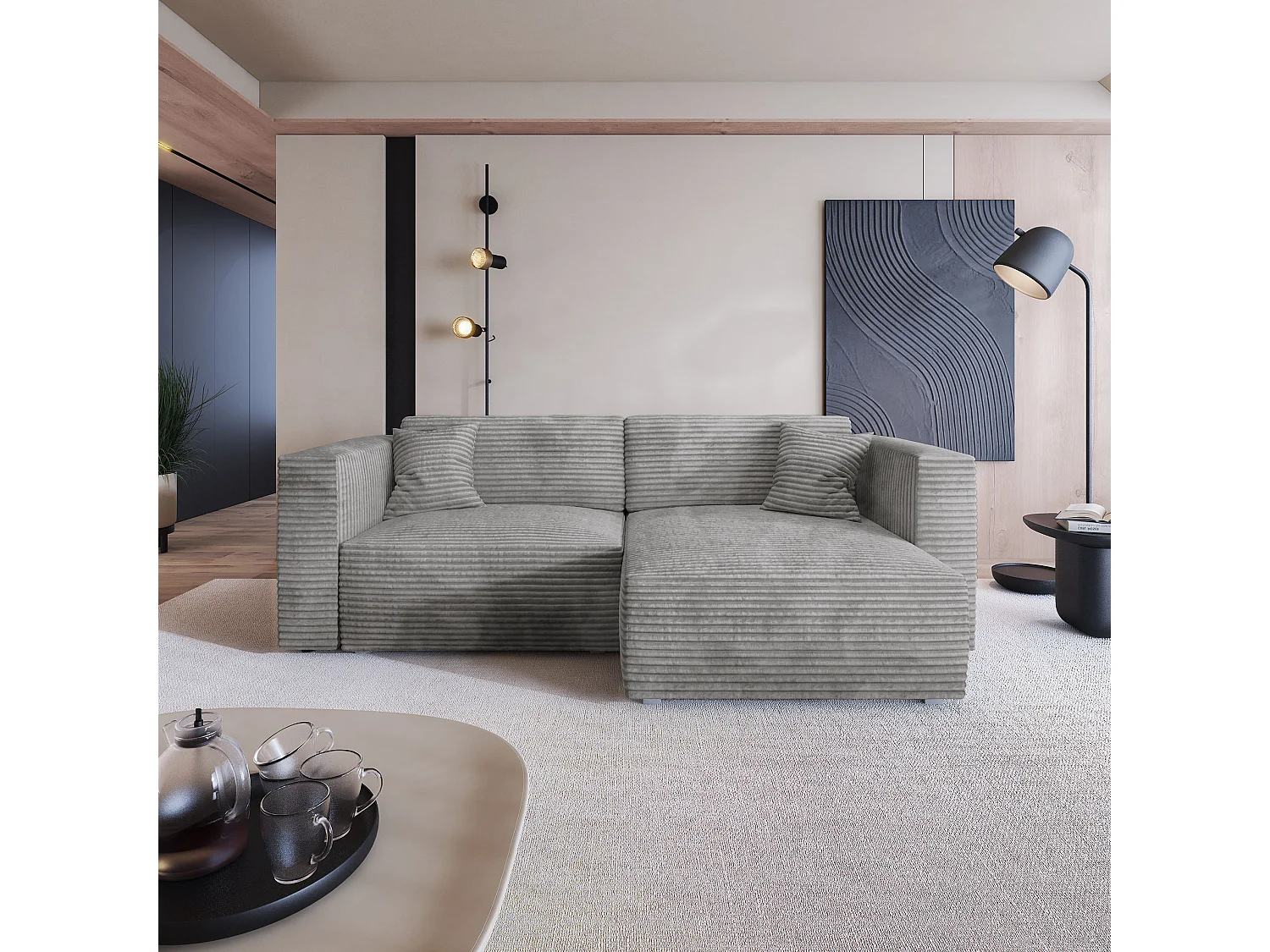 Canapé d'angle NERIO Gris clair en velours côtelé avec fonction de couchage