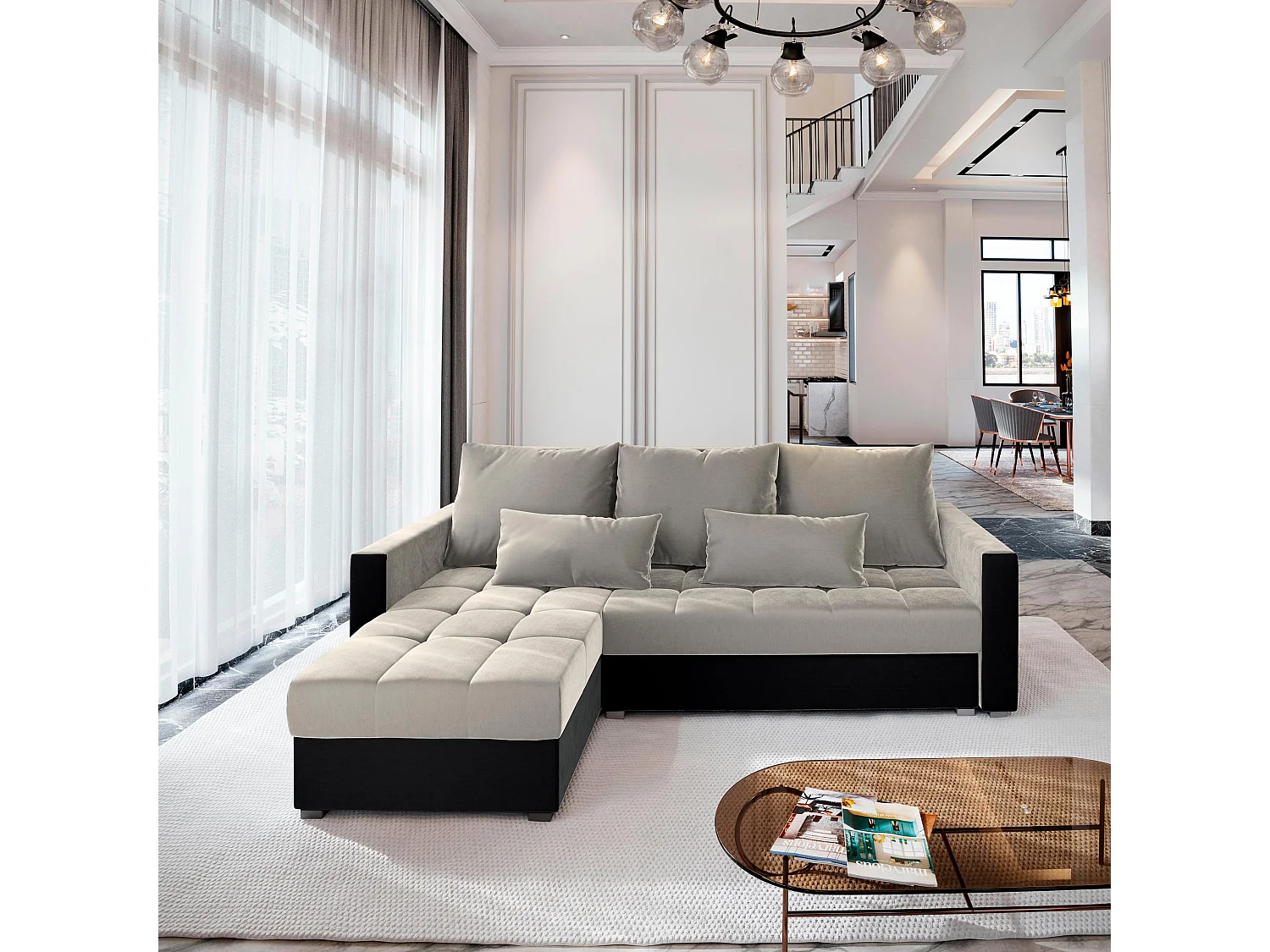 Canapé d'angle KOS PIK Beige en peluche avec fonction de couchage