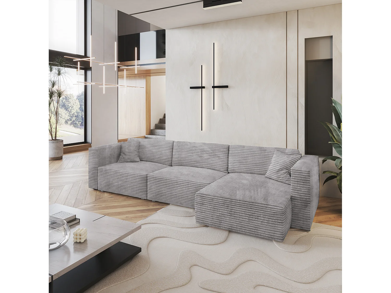 Canapé d'angle TOLMO Gris clair en velours côtelé avec fonction de couchage