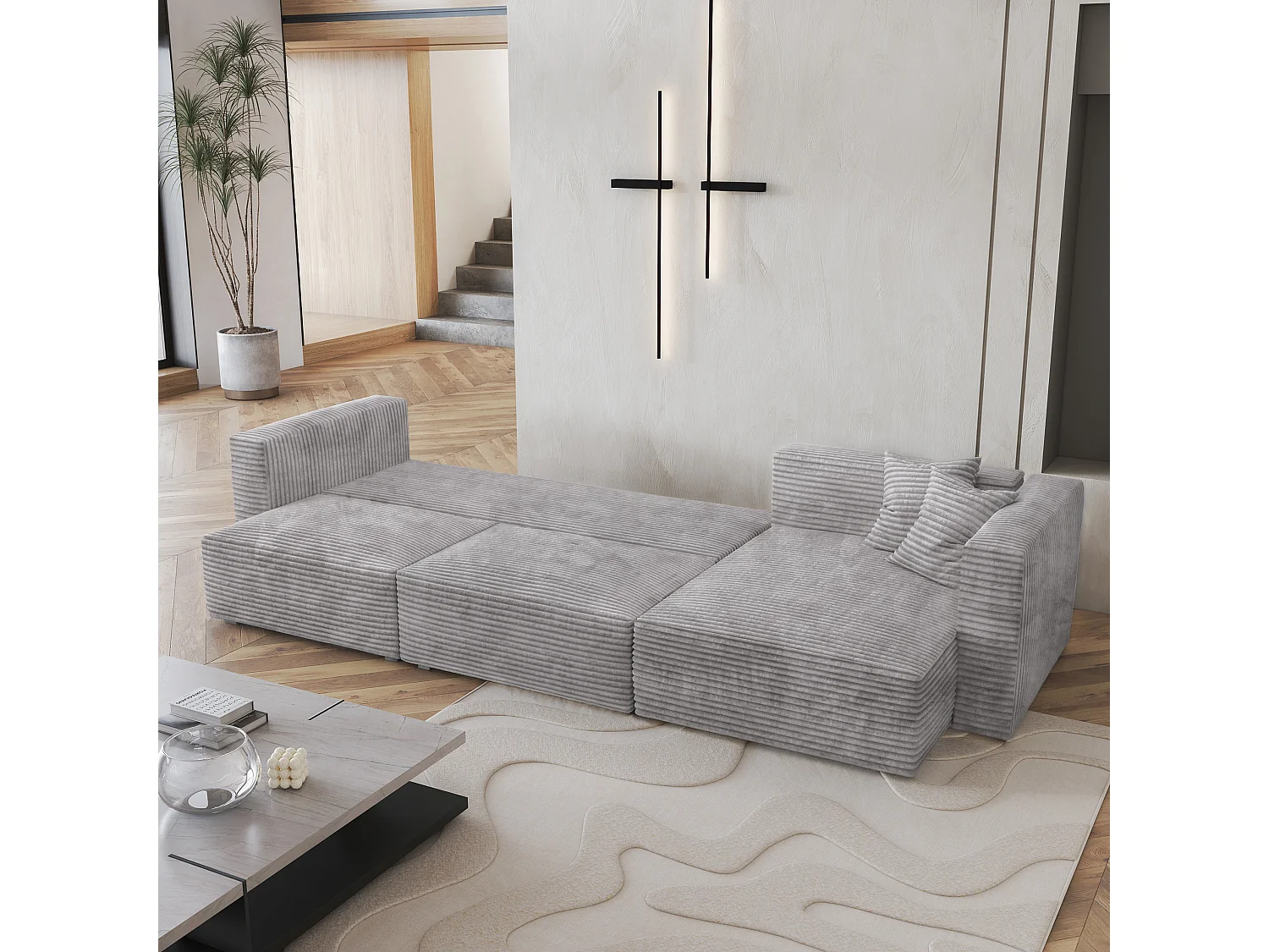 Canapé d'angle TOLMO Gris clair en velours côtelé avec fonction de couchage