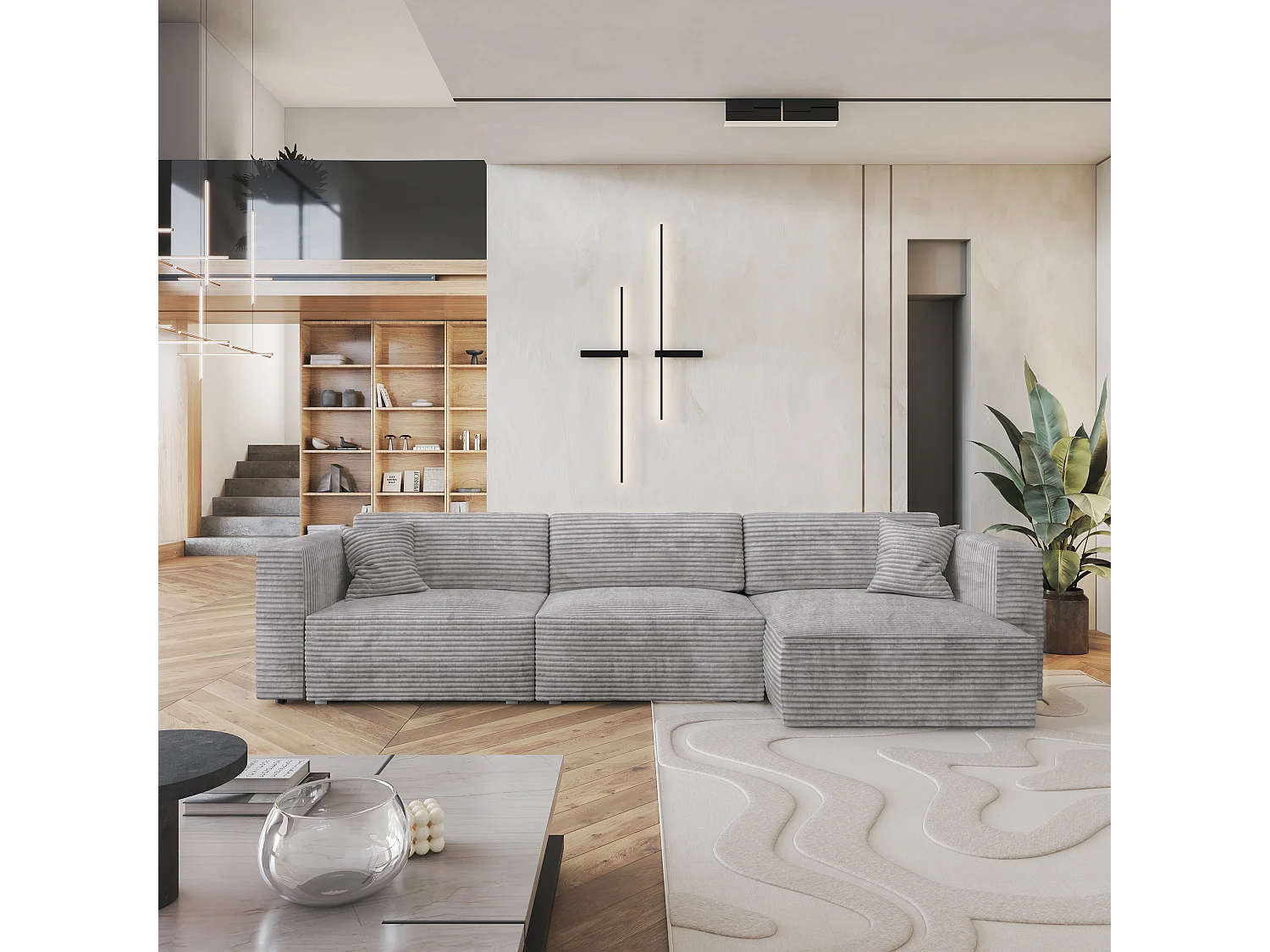 Canapé d'angle TOLMO Gris clair en velours côtelé avec fonction de couchage