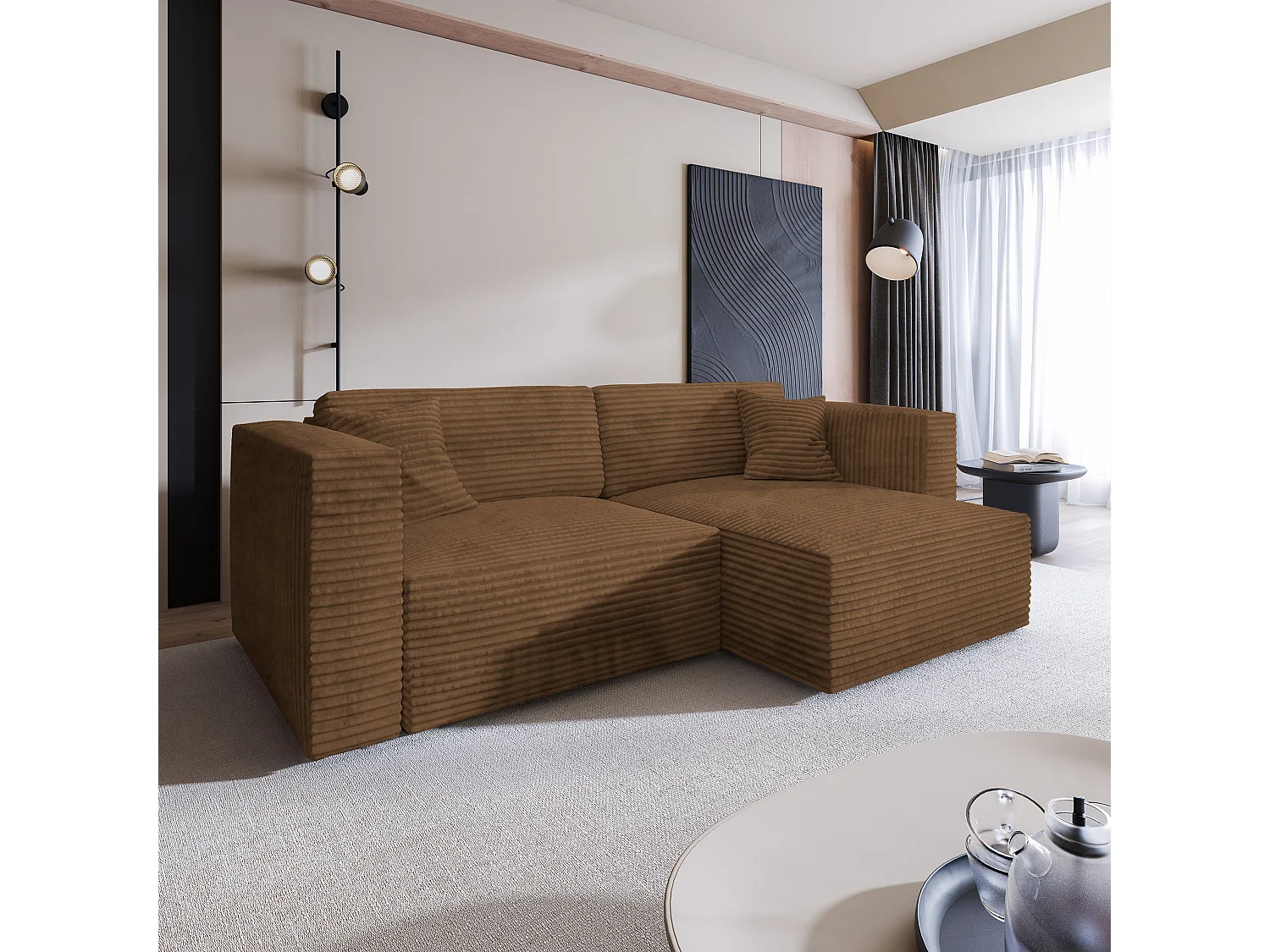 Canapé d'angle NERIO Cuivré en velours côtelé avec fonction de couchage
