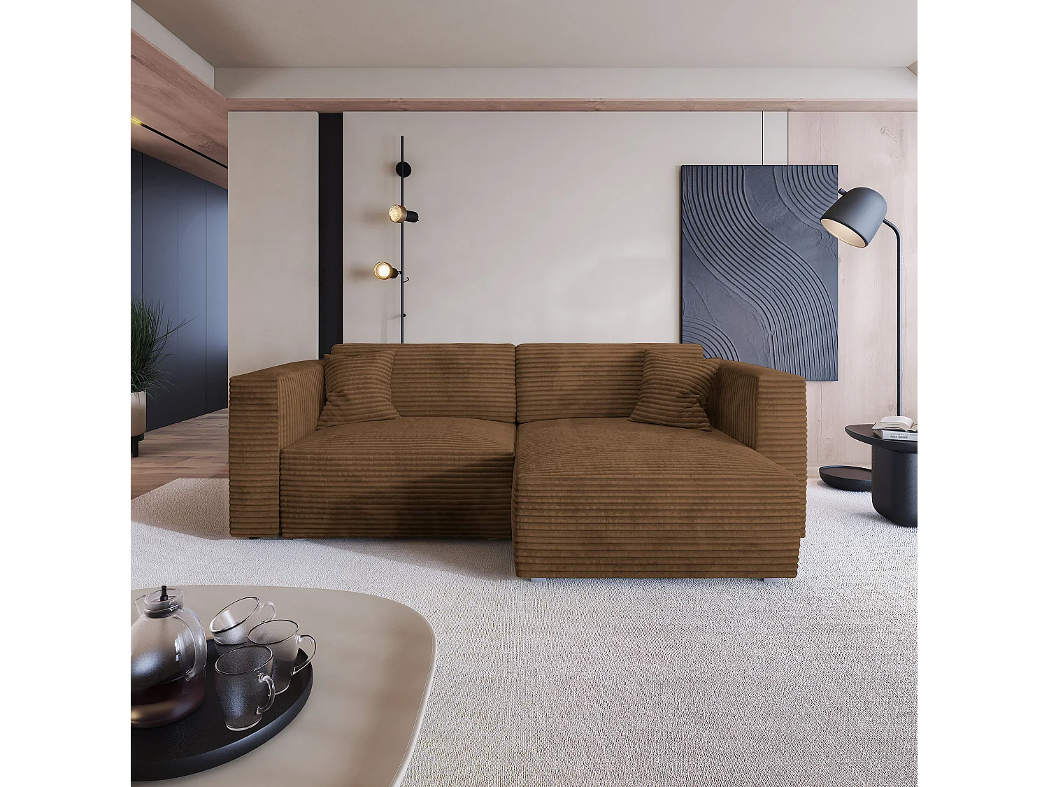 Canapé d'angle NERIO Cuivré en velours côtelé avec fonction de couchage