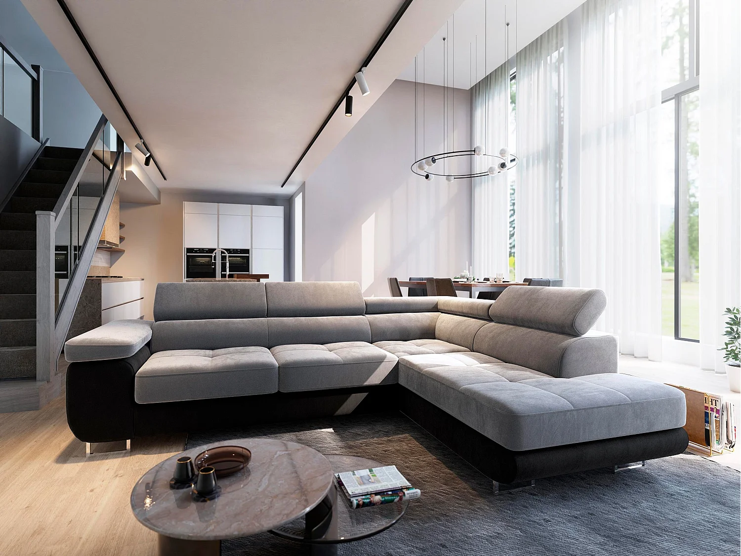 Canapé d'angle SELVA Gris clair en velours avec fonction de couchage