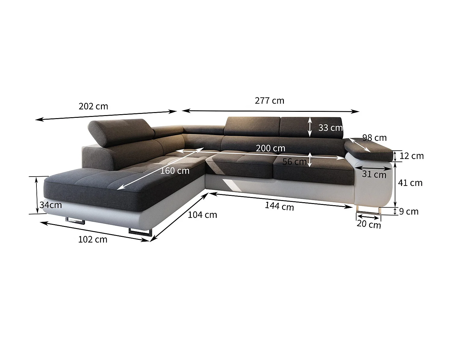 Canapé d'angle SELVA Gris clair en velours avec fonction de couchage
