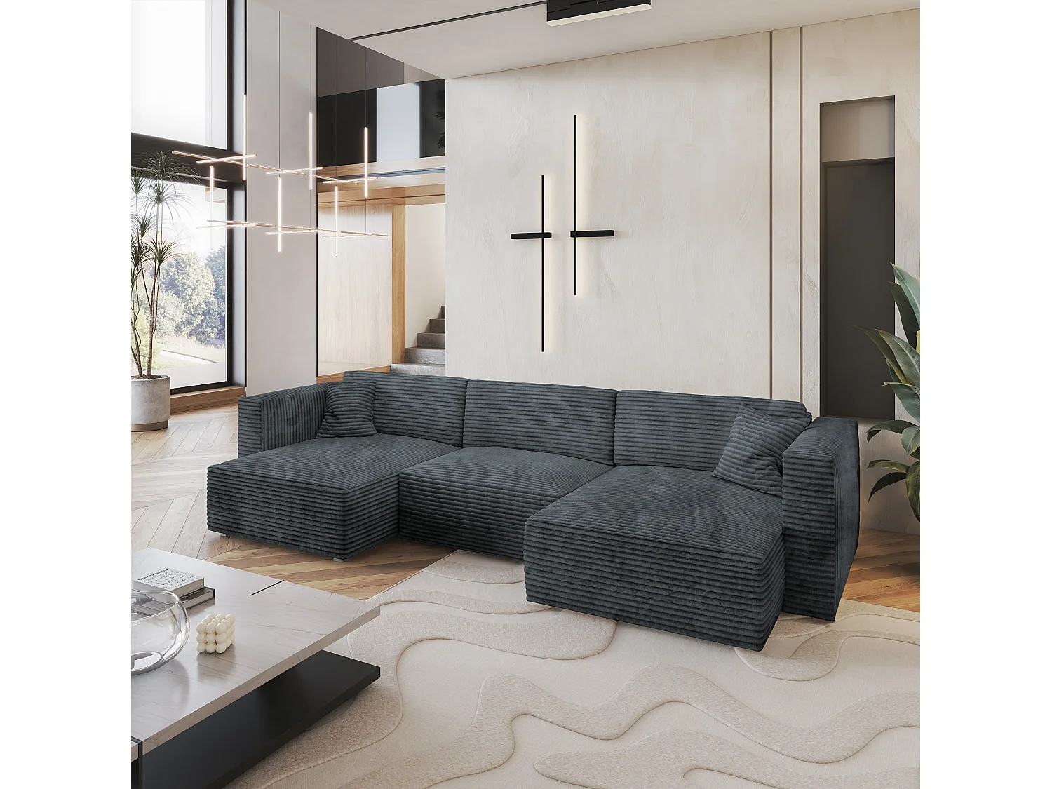 Canapé d'angle SARMO Gris en velours côtelé avec fonction de couchage