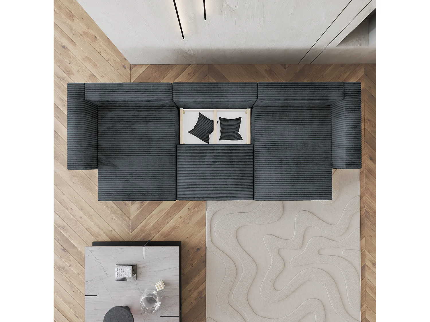 Canapé d'angle SARMO Gris en velours côtelé avec fonction de couchage