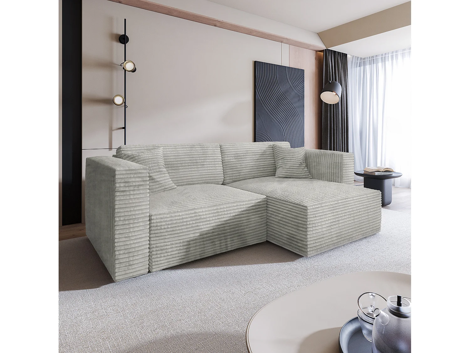 Canapé d'angle NERIO Gris clair en velours côtelé avec fonction de couchage