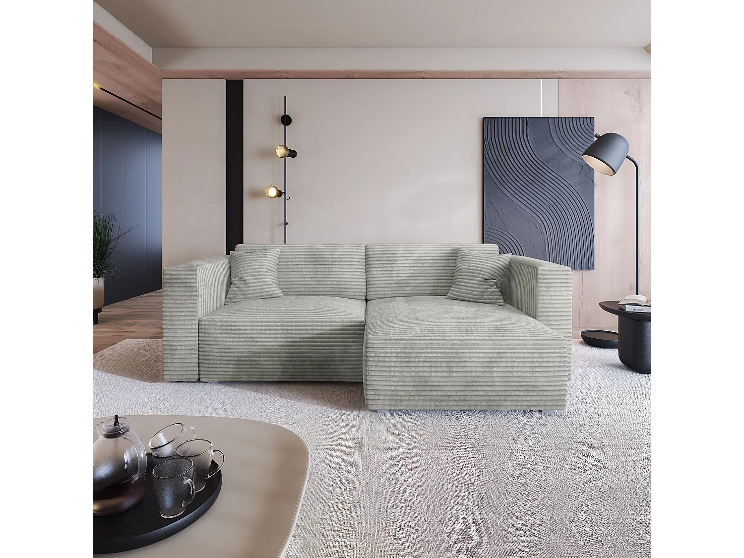 Canapé d'angle NERIO Gris clair en velours côtelé avec fonction de couchage