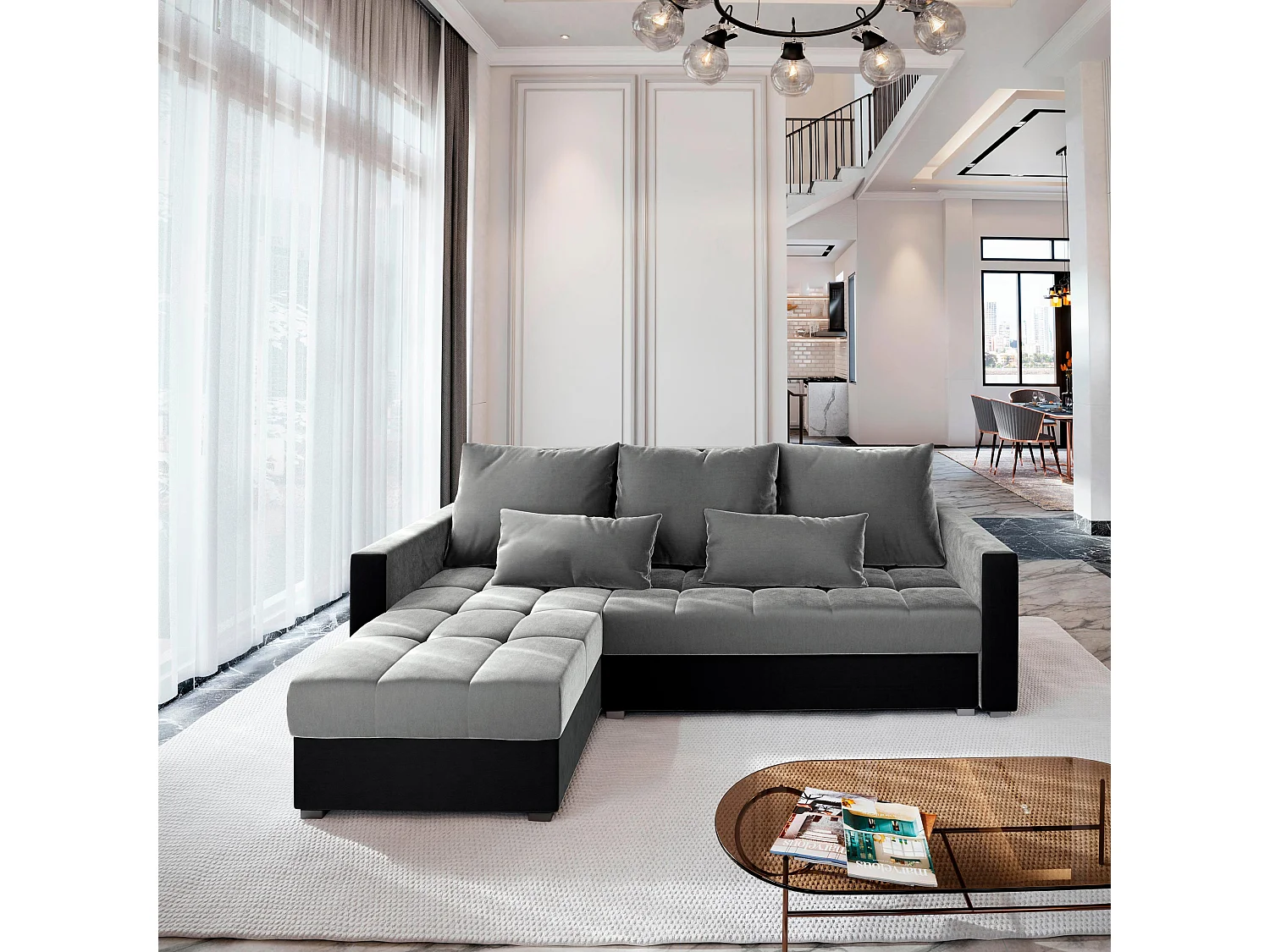 Canapé d'angle KOS PIK Gris clair en peluche avec fonction de couchage