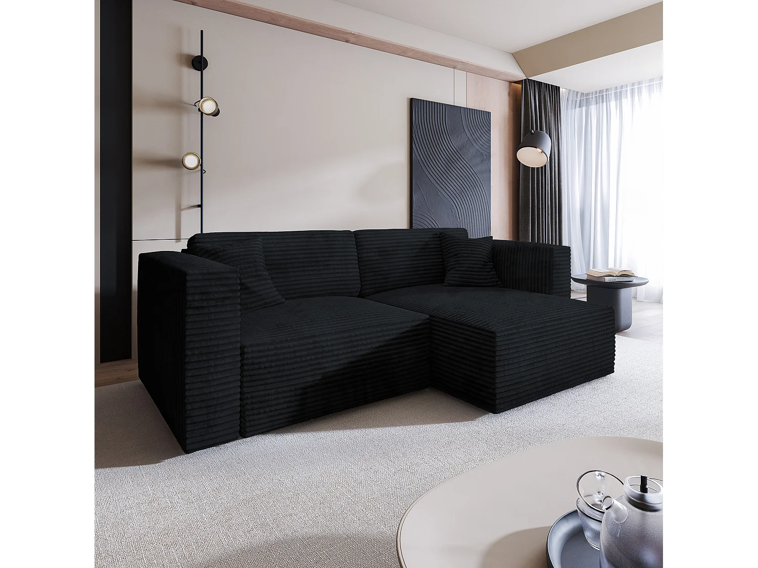 Canapé d'angle NERIO Noir en velours côtelé avec fonction de couchage