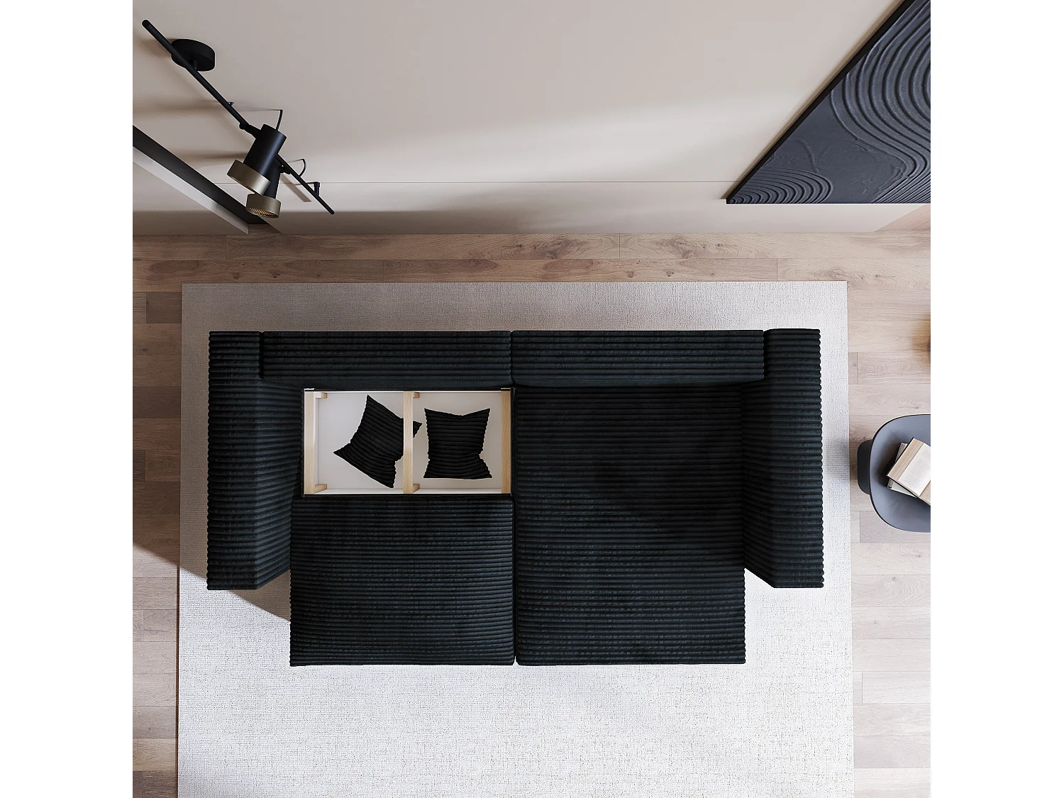 Canapé d'angle NERIO Noir en velours côtelé avec fonction de couchage