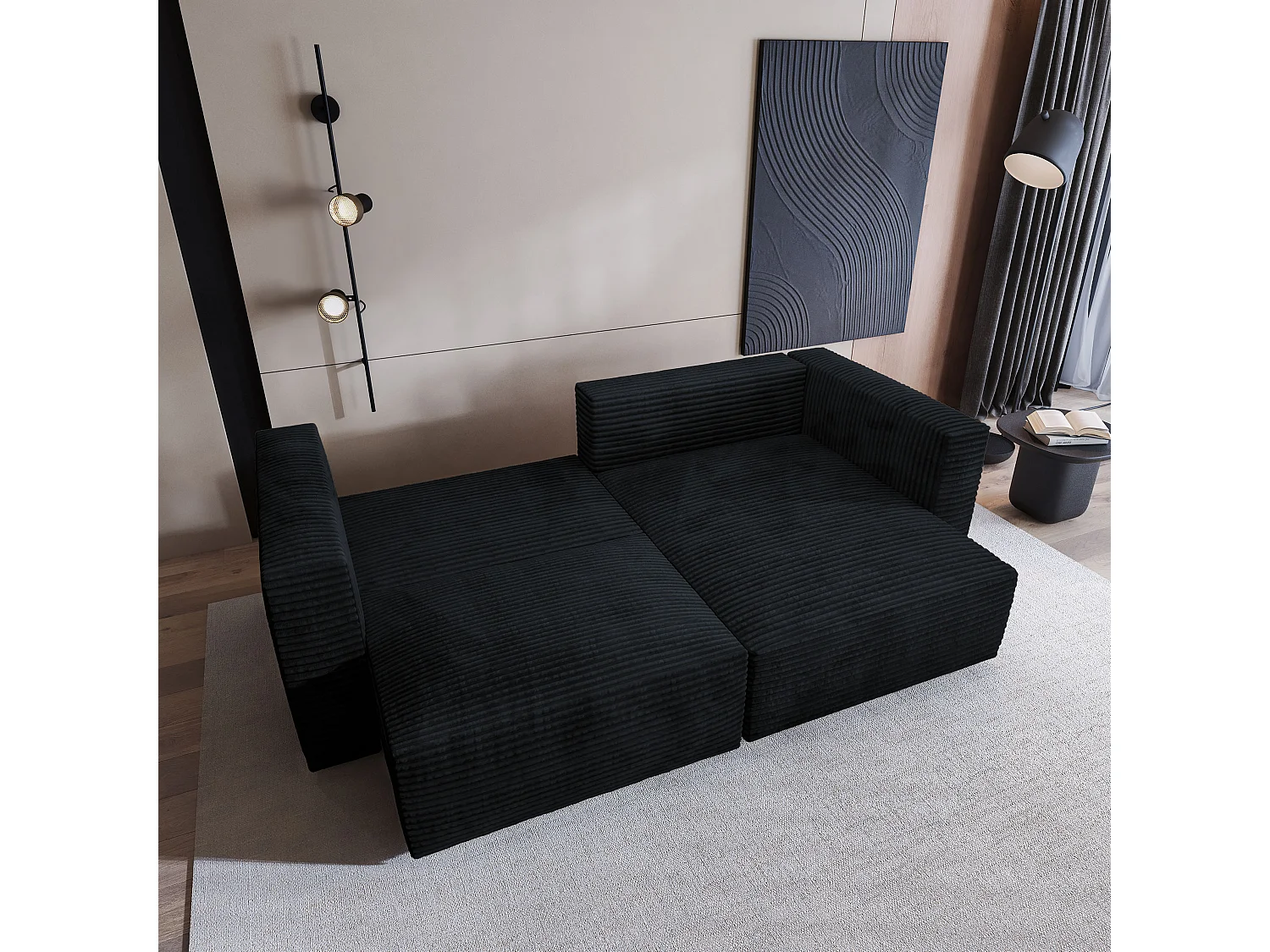 Canapé d'angle NERIO Noir en velours côtelé avec fonction de couchage