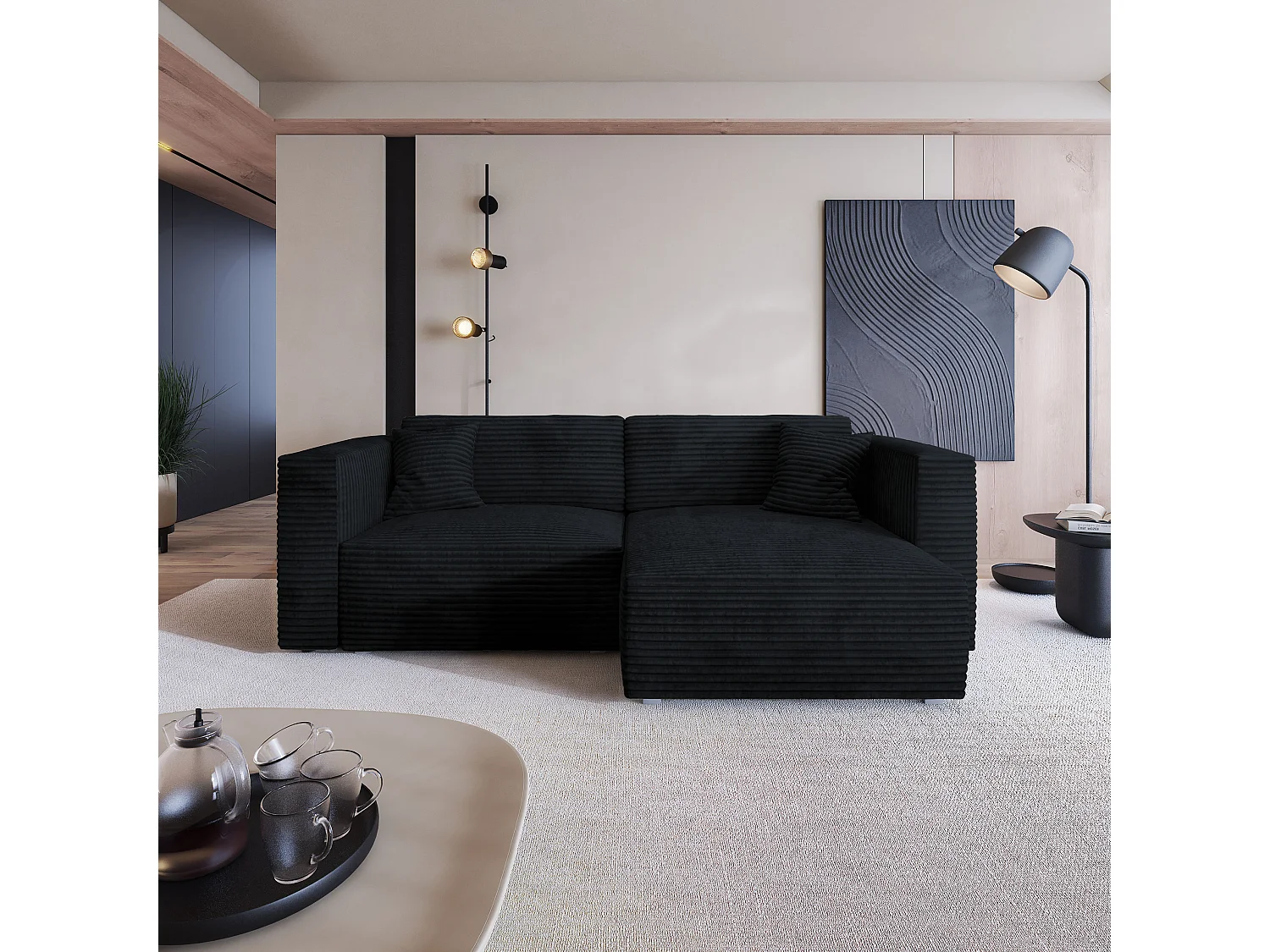 Canapé d'angle NERIO Noir en velours côtelé avec fonction de couchage