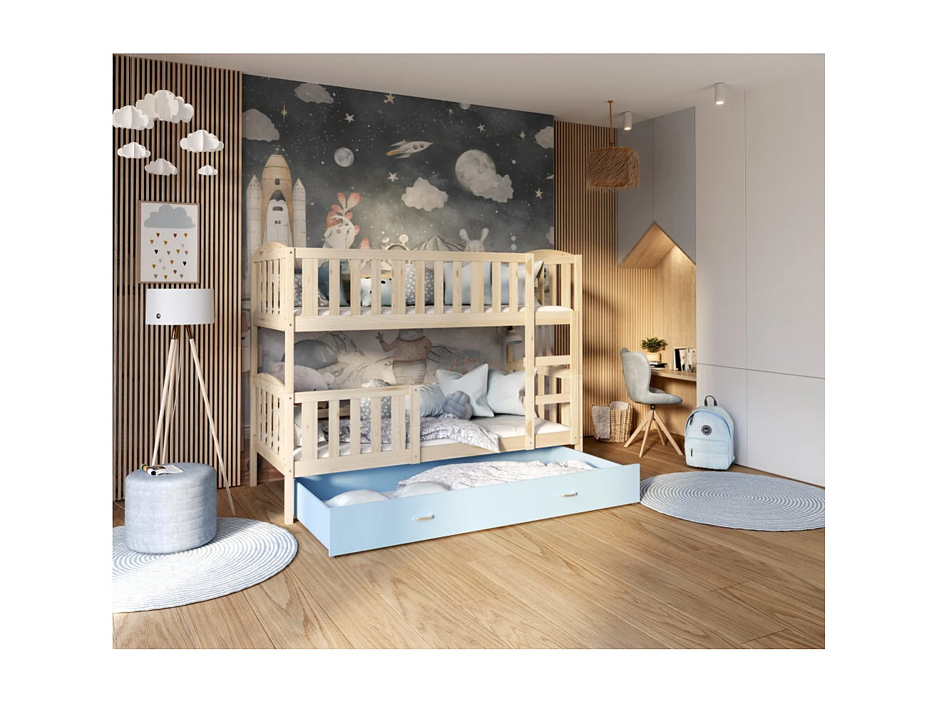 Lit Superpose Nilo 90x190 tiroir Pin - bleu