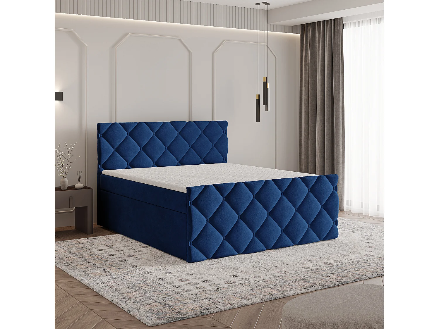 Lit continental ROVARI, 180x200 cm, Tissu pelucheux, Bleu