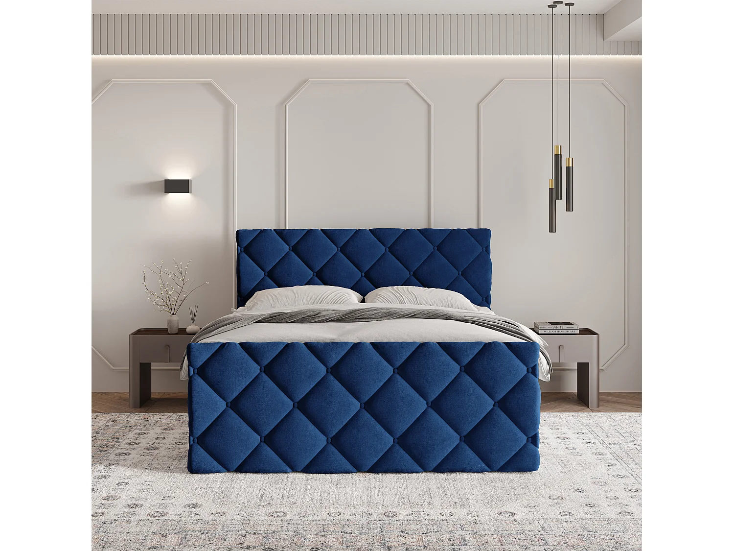 Lit continental ROVARI, 180x200 cm, Tissu pelucheux, Bleu