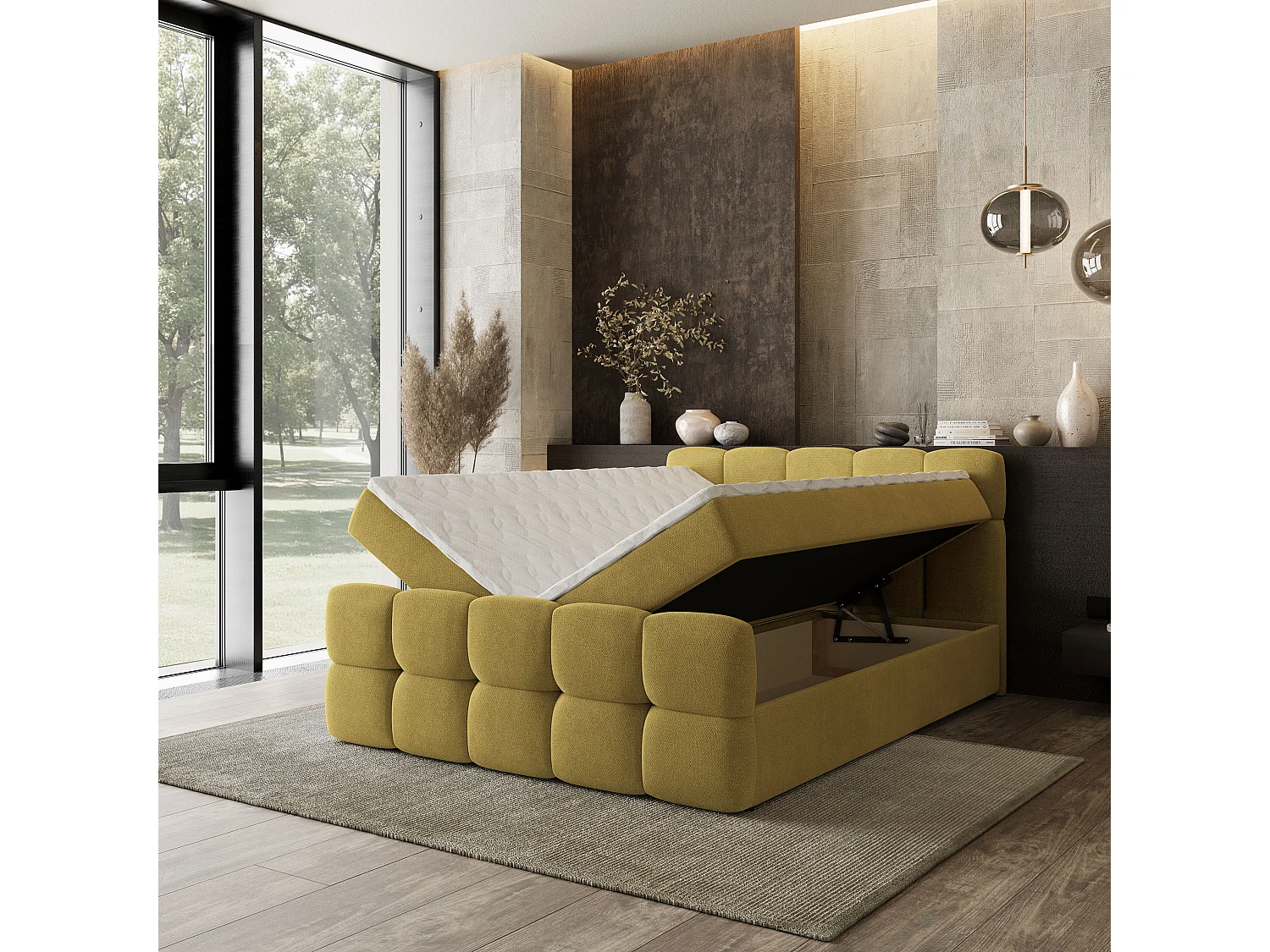 Boxspringbed BRUME 160x200 cm Set met hoofdbord, bedbodem en matras, Geel