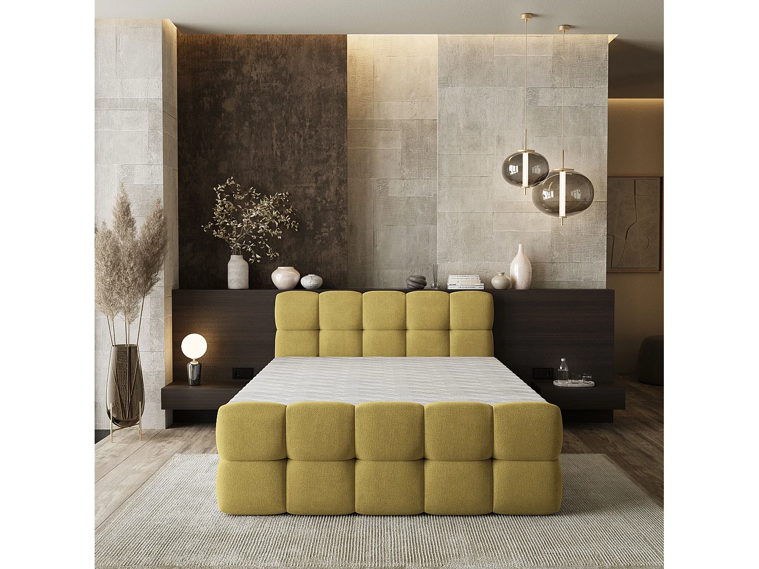 Lit boxspring BRUME 160x200 cm avec tête de lit, sommier et matelas, Jaune