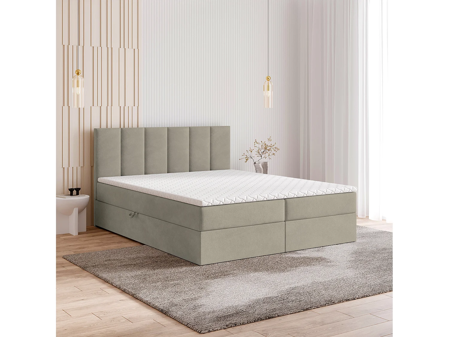 Lit continental MERIL, 180x200 cm, Tissu pelucheux, Beige