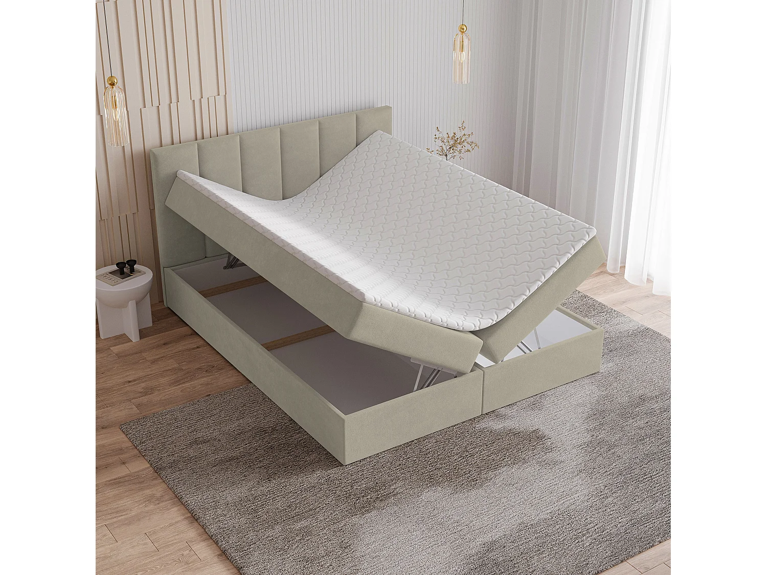 Lit continental MERIL, 180x200 cm, Tissu pelucheux, Beige