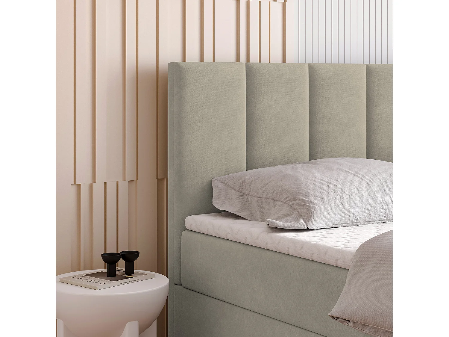 Lit continental MERIL, 180x200 cm, Tissu pelucheux, Beige